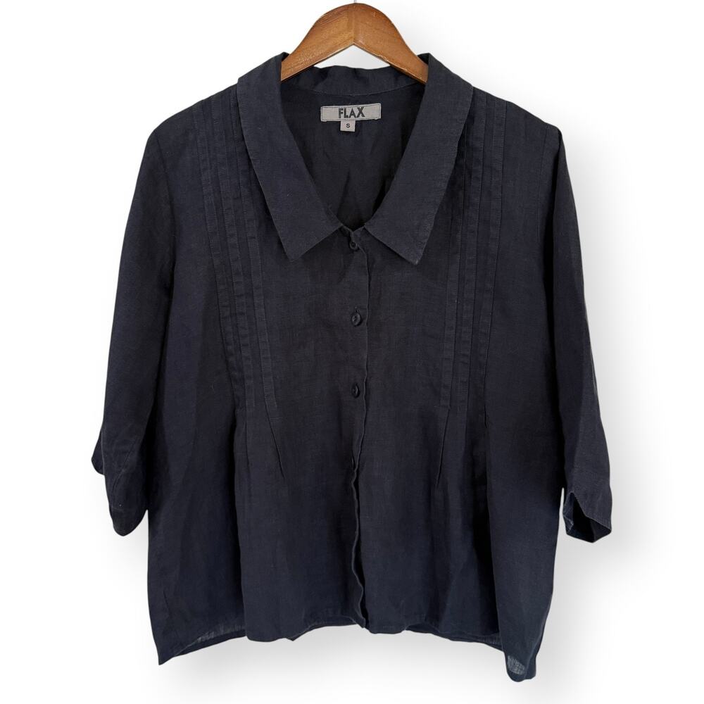 FLAX Black Pintuck Linen Button Up Shirt S Collared Boxy 3/4 Sleeve Lagenlook